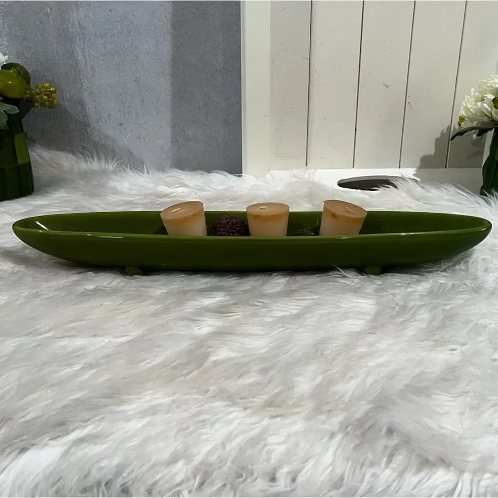 NEW Pier One Ceramic Footed Floating Candle Boat Candleholder Green 18” NWOT